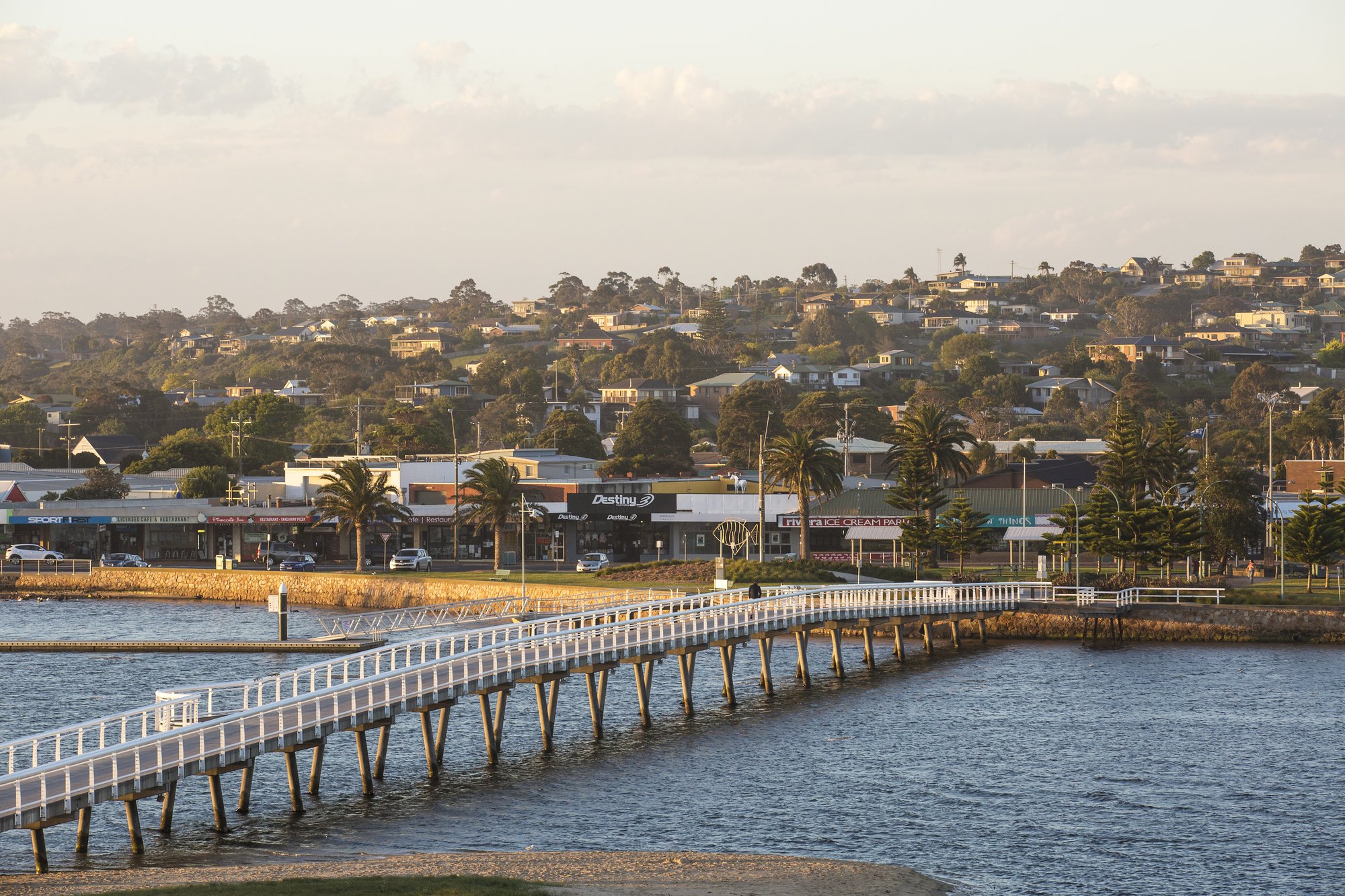 Lakes Entrance foreshore and footbridge at sunset